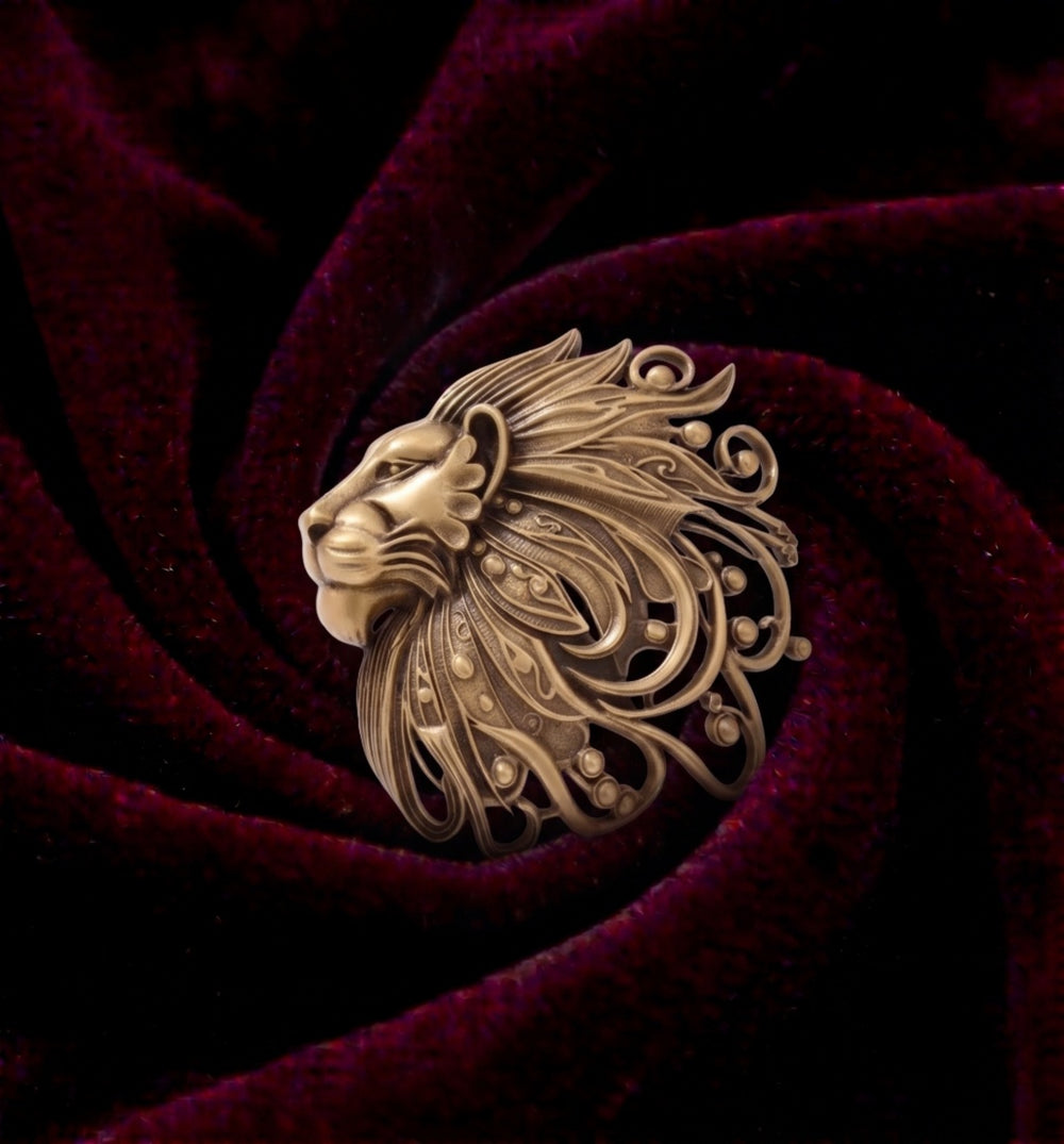 Sculpted Regal Lion Profile Brooch | Antique Gold Royal Mane Lapel Pin for Men
