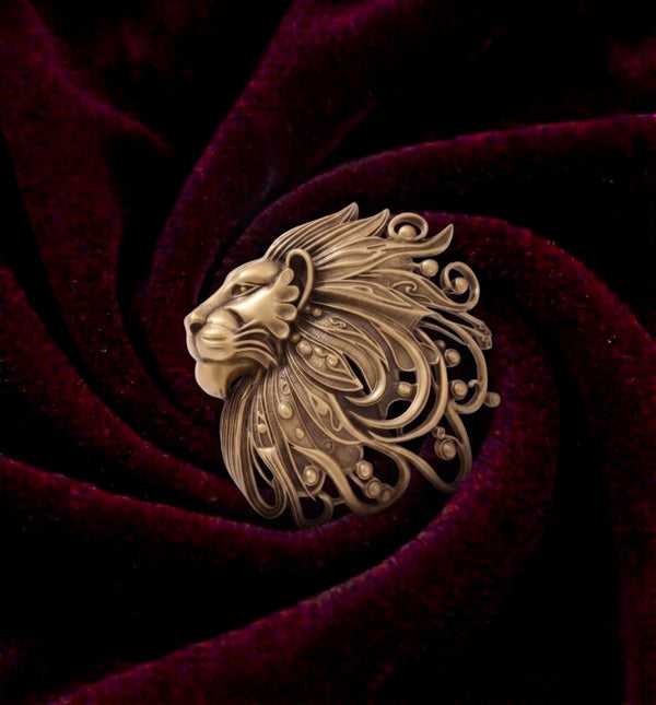 Sculpted Regal Lion Profile Brooch | Antique Gold Royal Mane Lapel Pin for Men
