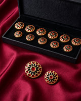 Crimson Red & Jet Black Heart Rosette Buttons (Set of 13) | Gold Metal Buttons for Sherwani & Blazers