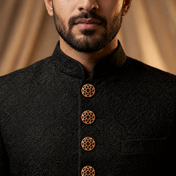 Crimson Red & Jet Black Heart Rosette Buttons (Set of 13) | Gold Metal Buttons for Sherwani & Blazers