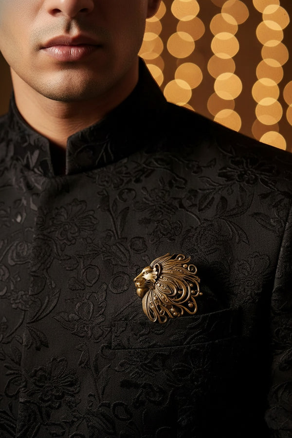 Sculpted Regal Lion Profile Brooch | Antique Gold Royal Mane Lapel Pin for Men