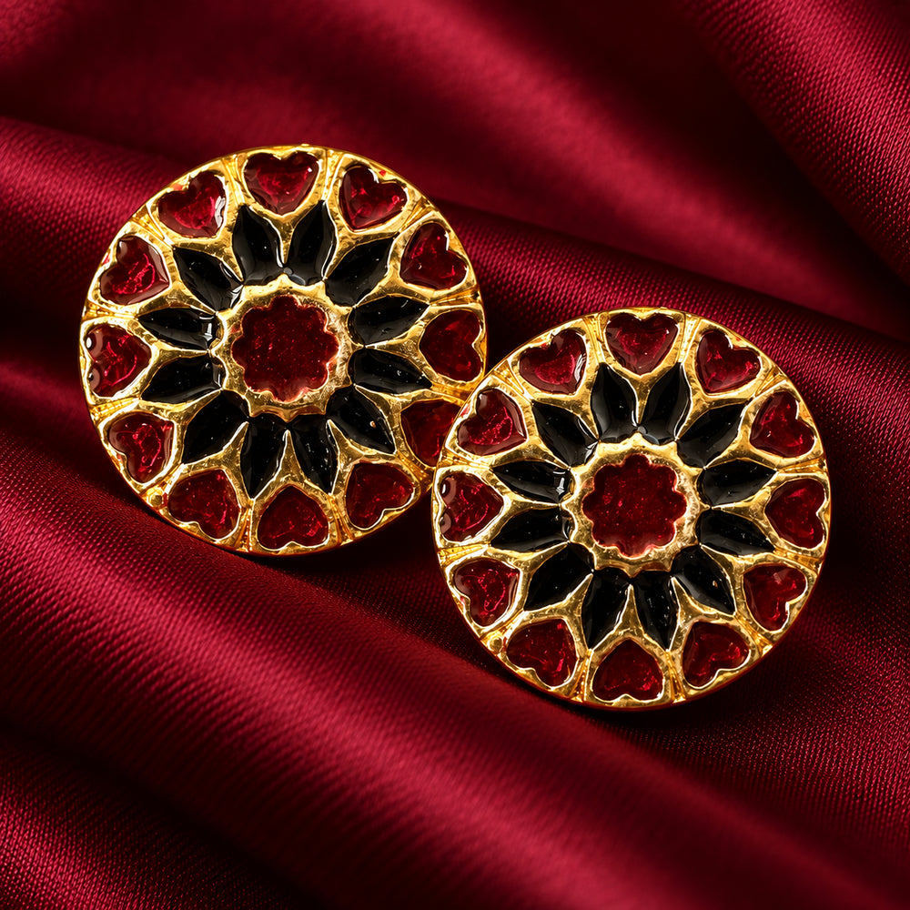 Crimson Red & Jet Black Heart Rosette Buttons (Set of 13) | Gold Metal Buttons for Sherwani & Blazers