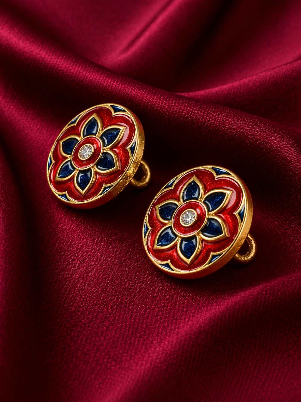 Traditional Meenakari Floral Buttons in Red & Navy Blue (Set of 13) | Antique Gold Metal Buttons for Sherwani