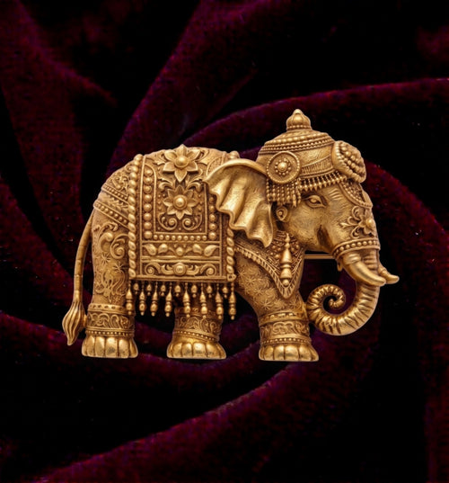 Ceremonial Royal Elephant Antique Gold Brooch | Handcrafted Ambabari Elephant Lapel Pin