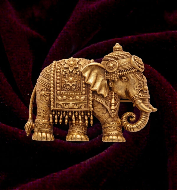 Ceremonial Royal Elephant Antique Gold Brooch | Handcrafted Ambabari Elephant Lapel Pin