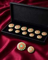 Mint Green & Coral Peach Floral Enamel Buttons (Set of 13) | Gold Metal Kurta & Sherwani Buttons