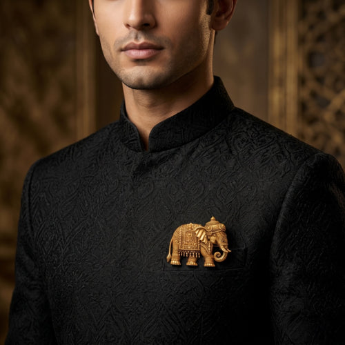 Ceremonial Royal Elephant Antique Gold Brooch | Handcrafted Ambabari Elephant Lapel Pin