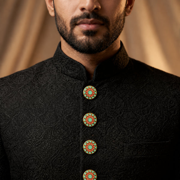 Mint Green & Coral Peach Floral Enamel Buttons (Set of 13) | Gold Metal Kurta & Sherwani Buttons