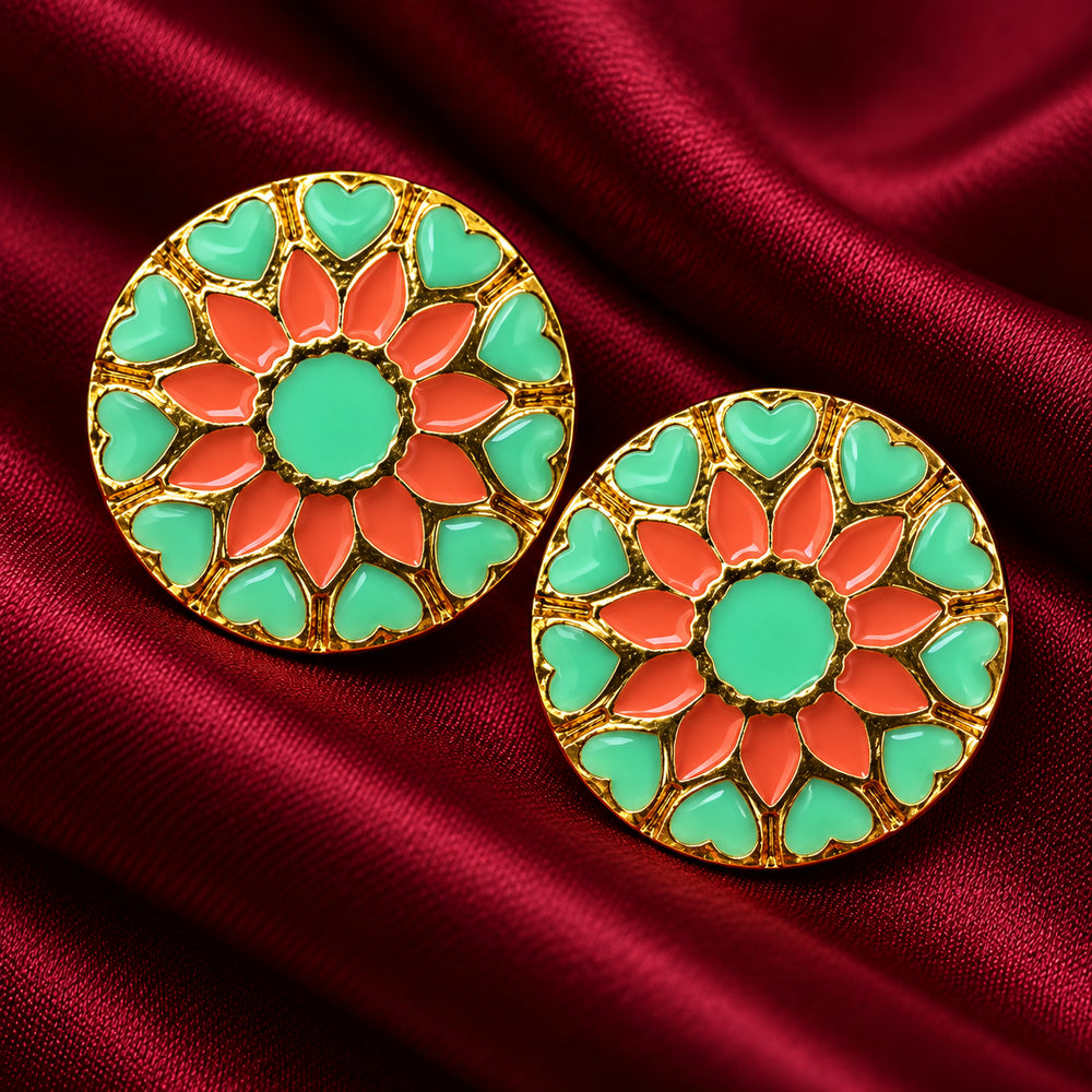 Mint Green & Coral Peach Floral Enamel Buttons (Set of 13) | Gold Metal Kurta & Sherwani Buttons
