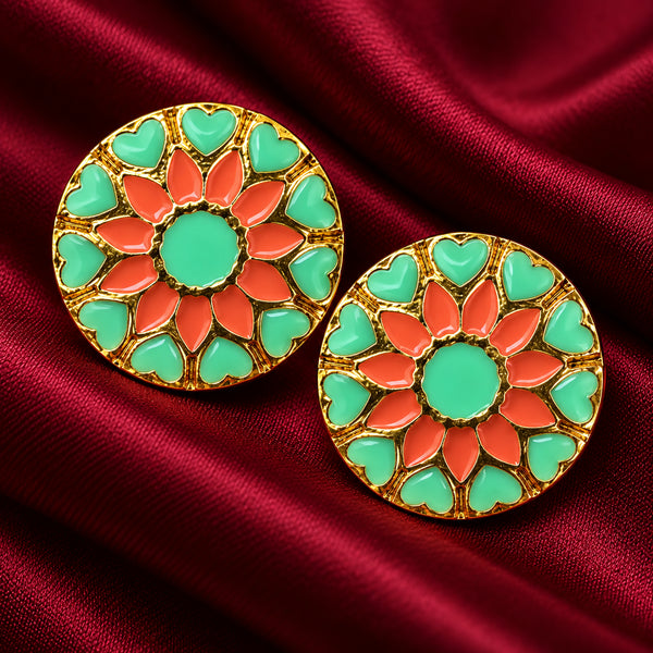 Mint Green & Coral Peach Floral Enamel Buttons (Set of 13) | Gold Metal Kurta & Sherwani Buttons