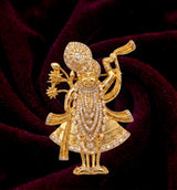 Divine Shrinathji (Govardhanath) Brooch | Gold Plated Pushtimarg Lapel Pin with Sparkling Stones