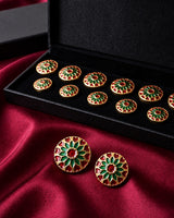 Emerald Green & Crimson Red Rosette Buttons (Set of 13) | Gold Metal Sherwani & Kurta Buttons