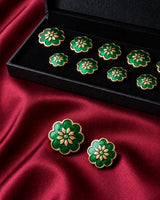 Scalloped Emerald Green Clover Blossom Buttons (Set of 13) | Textured Enamel Sherwani & Kurta Buttons