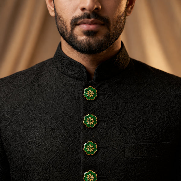 Scalloped Emerald Green Clover Blossom Buttons (Set of 13) | Textured Enamel Sherwani & Kurta Buttons