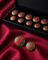 Crimson Red Meenakari Floral Jaal Buttons (Set of 13) | Gold Metal Kurta & Sherwani Buttons