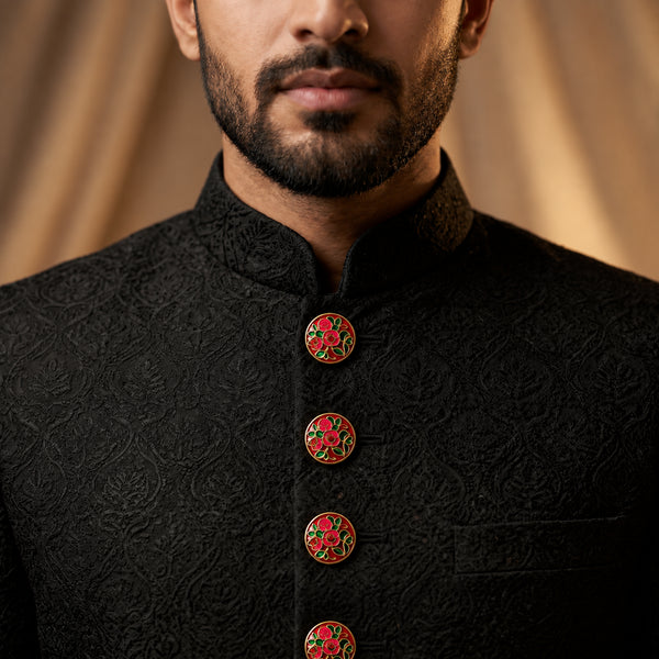 Crimson Red Meenakari Floral Jaal Buttons (Set of 13) | Gold Metal Kurta & Sherwani Buttons
