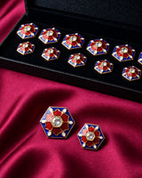 Hexagonal Royal Blue & Red Enamel Buttons with Solitaire Stone (Set of 13) | Premium Metal Buttons for Kurtas