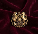 Rampant Horses Royal Crest Brooch | Antique Gold Star Medallion Lapel Pin