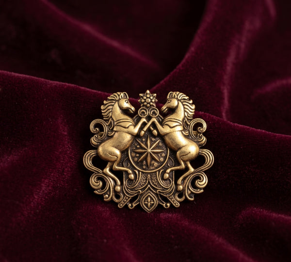 Rampant Horses Royal Crest Brooch | Antique Gold Star Medallion Lapel Pin