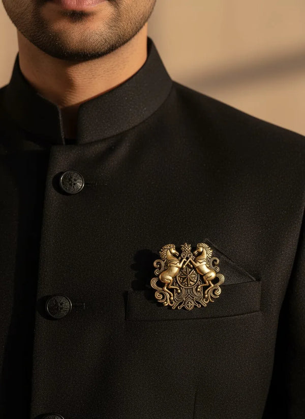 Rampant Horses Royal Crest Brooch | Antique Gold Star Medallion Lapel Pin