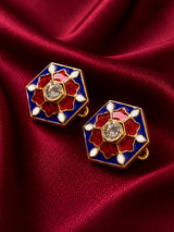 Hexagonal Royal Blue & Red Enamel Buttons with Solitaire Stone (Set of 13) | Premium Metal Buttons for Kurtas