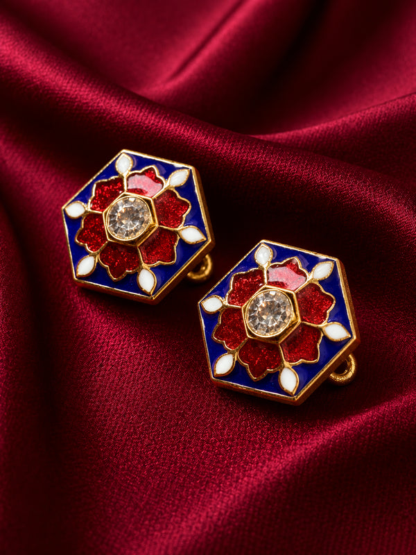 Hexagonal Royal Blue & Red Enamel Buttons with Solitaire Stone (Set of 13) | Premium Metal Buttons for Kurtas