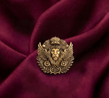 Winged Imperial Lion Head Brooch with Crown | Antique Gold Royal Insignia Pin