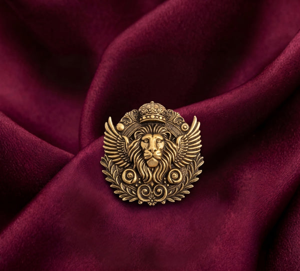 Winged Imperial Lion Head Brooch with Crown | Antique Gold Royal Insignia Pin