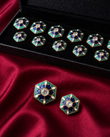 Emerald Green & Cobalt Blue Hexagonal Enamel Buttons (Set of 13) | Gold Metal Sherwani & Blazer Buttons
