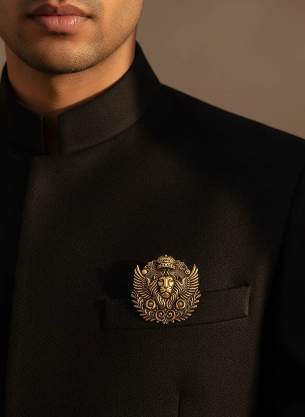 Winged Imperial Lion Head Brooch with Crown | Antique Gold Royal Insignia Pin