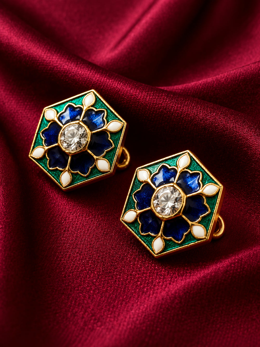 Emerald Green & Cobalt Blue Hexagonal Enamel Buttons (Set of 13) | Gold Metal Sherwani & Blazer Buttons
