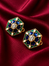 Emerald Green & Cobalt Blue Hexagonal Enamel Buttons (Set of 13) | Gold Metal Sherwani & Blazer Buttons