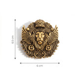 Winged Imperial Lion Head Brooch with Crown | Antique Gold Royal Insignia Pin