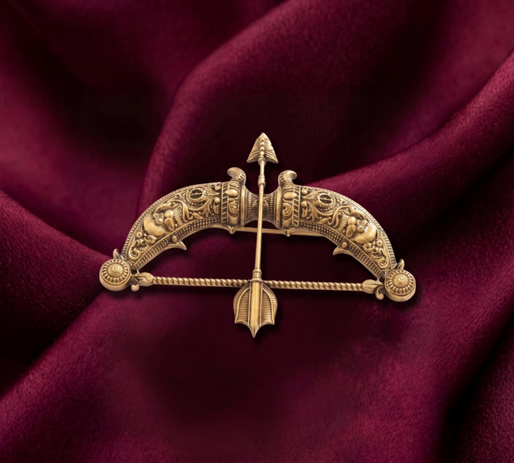 Vintage Dhanush & Baan Brooch | Antique Gold Carved Bow & Arrow Lapel Pin