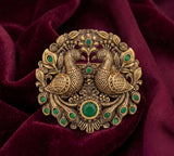 Antique Gold Twin Peacock Brooch with Emerald Green Accents | Heritage Saree & Sherwani Pin