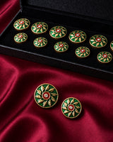 Emerald Green Sunburst Enamel Buttons with Ruby Accent (Set of 13) | Gold Metal Kurta & Sherwani Buttons