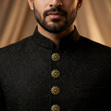 Emerald Green Sunburst Enamel Buttons with Ruby Accent (Set of 13) | Gold Metal Kurta & Sherwani Buttons