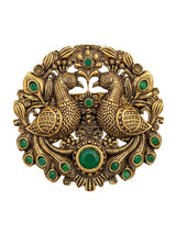 Antique Gold Twin Peacock Brooch with Emerald Green Accents | Heritage Saree & Sherwani Pin