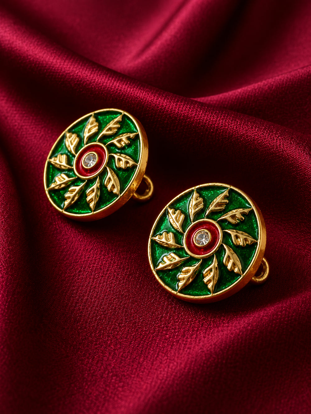 Emerald Green Sunburst Enamel Buttons with Ruby Accent (Set of 13) | Gold Metal Kurta & Sherwani Buttons