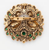 Antique Gold Twin Peacock Brooch with Emerald Green Accents | Heritage Saree & Sherwani Pin