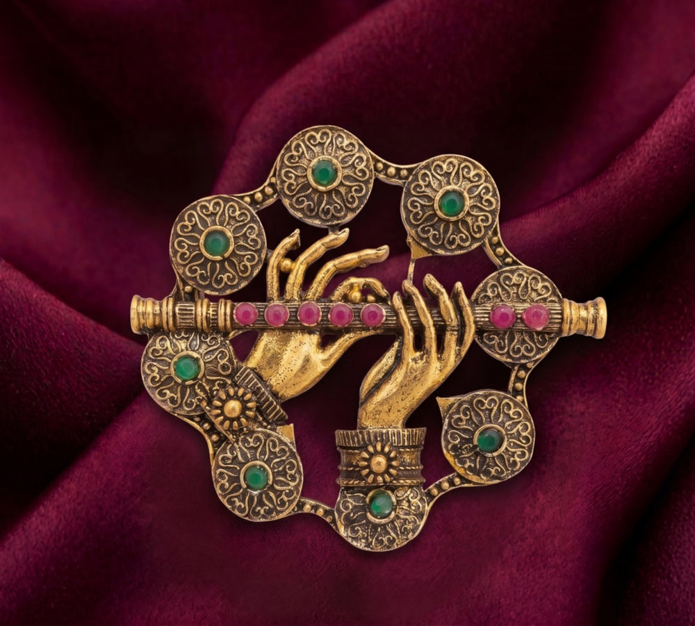 Divine Krishna Hands with Flute Brooch | Antique Gold Bansuri Pin with Ruby & Green Stones
