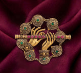 Divine Krishna Hands with Flute Brooch | Antique Gold Bansuri Pin with Ruby & Green Stones