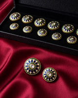 Royal Blue & Green Lotus Blossom Enamel Buttons (Set of 13) | Kundan Style Metal Buttons for Sherwani