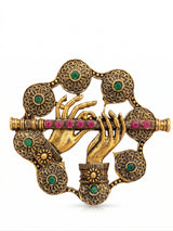 Divine Krishna Hands with Flute Brooch | Antique Gold Bansuri Pin with Ruby & Green Stones