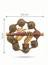 Divine Krishna Hands with Flute Brooch | Antique Gold Bansuri Pin with Ruby & Green Stones